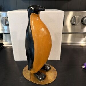 Vtg Sarreid Ltd Carved Wood & Brass Penguin Sculpture 12" Made In Spain